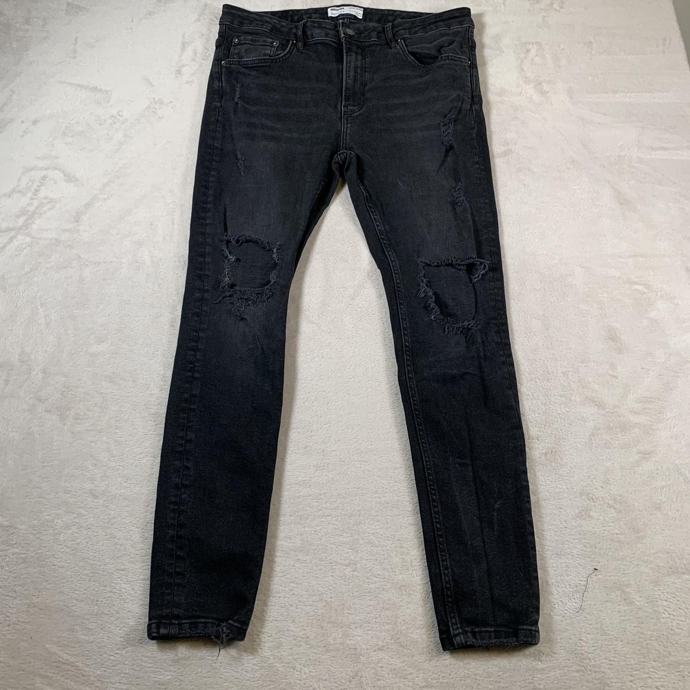 Bershka Jeans Mens 36 Black Super Skinny Distressed Ripped Denim Pants Join Life
